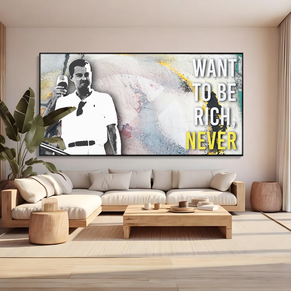 Tablou canvas cu tablou canvas cu leonardo dicaprio, in rama de aluminiu negru, pe perete intr-un living